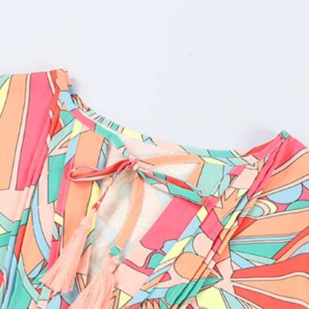 Multicolor Abstract Geometric Print Tassel Tie Flared Dress - Picture 3 of 6